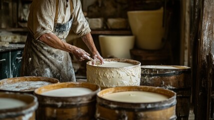 Artisan working with cheese in a traditional dairy.