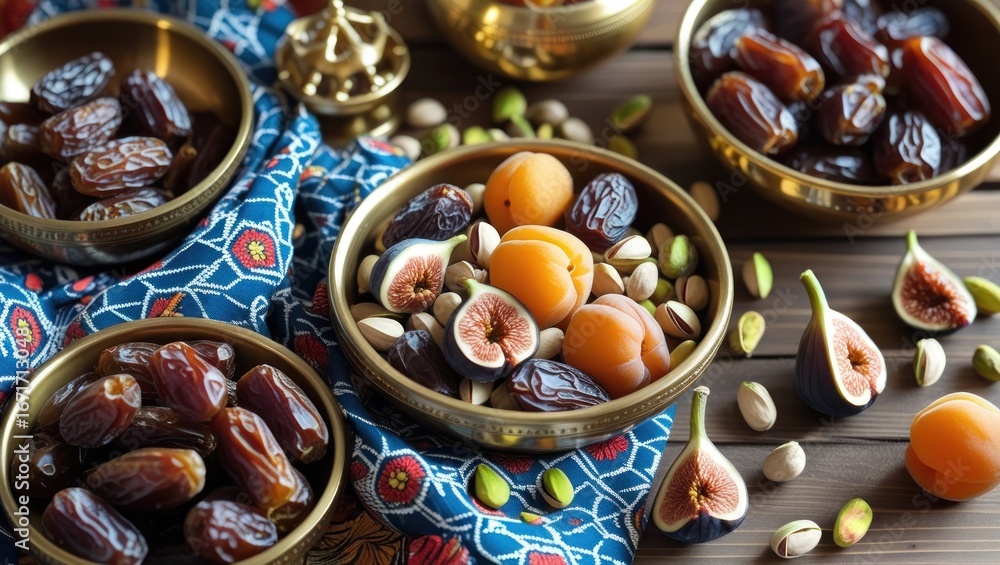 Poster assorted dried dates, apricots, figs, and pistachios artfully arranged in brass bowls on a patterned