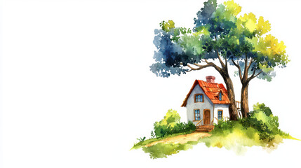 Fototapeta premium Charming illustration of small house surrounded by lush greenery and large tree, evoking sense of tranquility and warmth