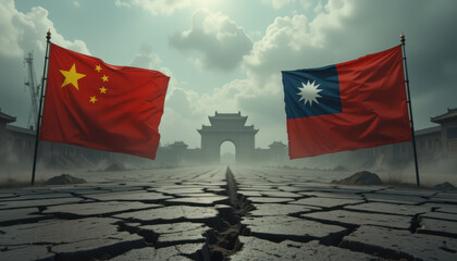Tensions rise between china and taiwan historical landmark digital art dystopian landscape dramatic perspective political conflict