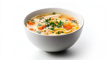 Delicious chicken noodle soup with tender noodles, carrots, and herbs in white bowl, perfect for comfort and warmth