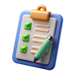 3d rendered checklist clipboard with green pen showing completed tasks and to-do list items