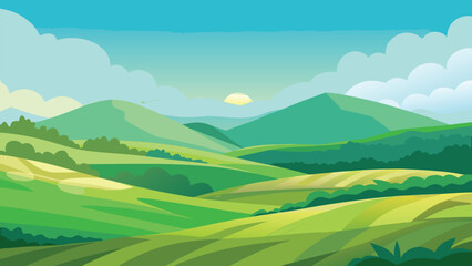 A vector image depicting a lush green landscape with gentle hills and various trees, creating a serene outdoor scene.