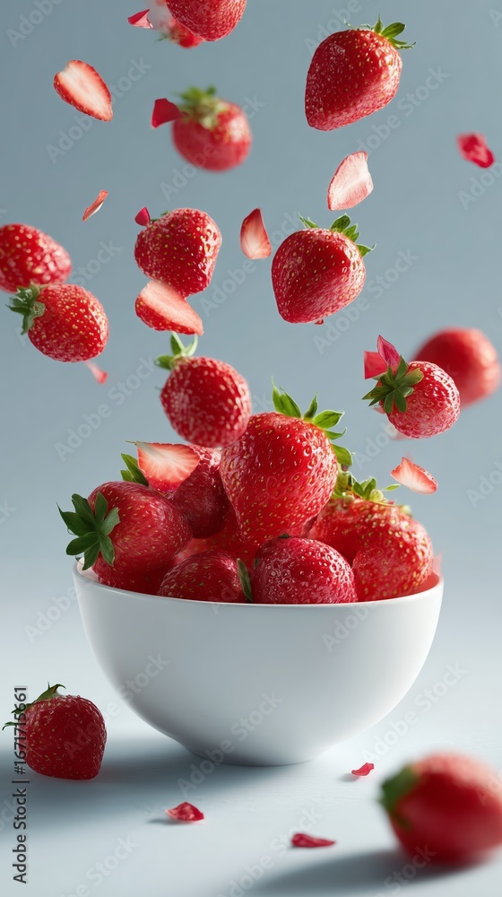 Poster fresh strawberries splash into a bowl against a light gray background creating a vibrant and appetiz