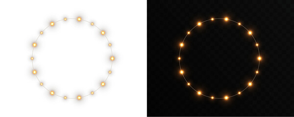 Glowing white LED garland in PNG. twirl , Overlay Circle round Gold LED garlands on transparent backgrounds. Design for Christmas, New Year. Vector illustration of LED garlands. Web Banners design. © Russell Edwards