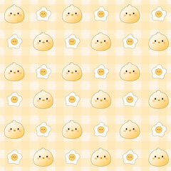 cute egg and baby chicken seamless pattern with yellow gingham background
