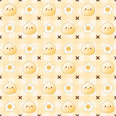 cute egg and baby chicken seamless pattern with yellow background