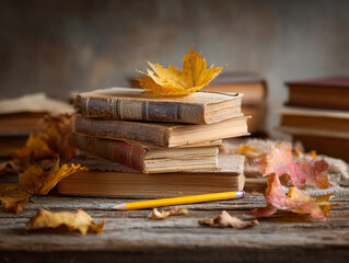 Stack of vintage books with autumn leaves and a pencil