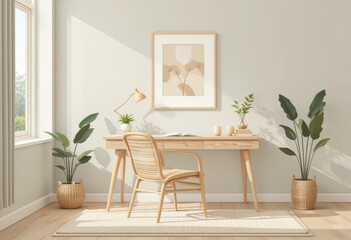 Cozy Home Office Nook with Natural Light and Rattan Accents