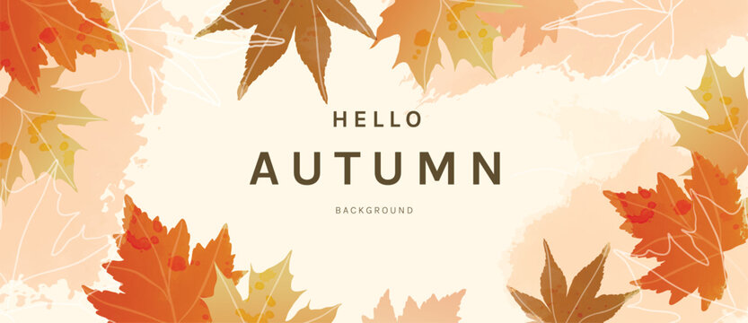 Autumn leaves frame on horizontal background, Watercolor wallpaper of orange, red, earth tone color maple leaves, foliage border. Fall seasonal vector illustration for ,cover, poster, ads sale.
