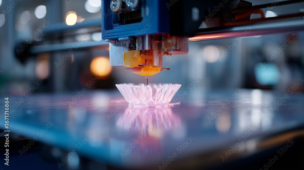 Poster 3d printer creating a delicate, intricate design in a bright workshop setting with focused lighting