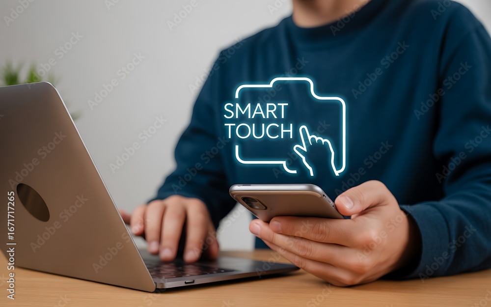 Aufkleber a person seamlessly interacts with digital devices, operating a laptop and smartphone. 'smart touch'