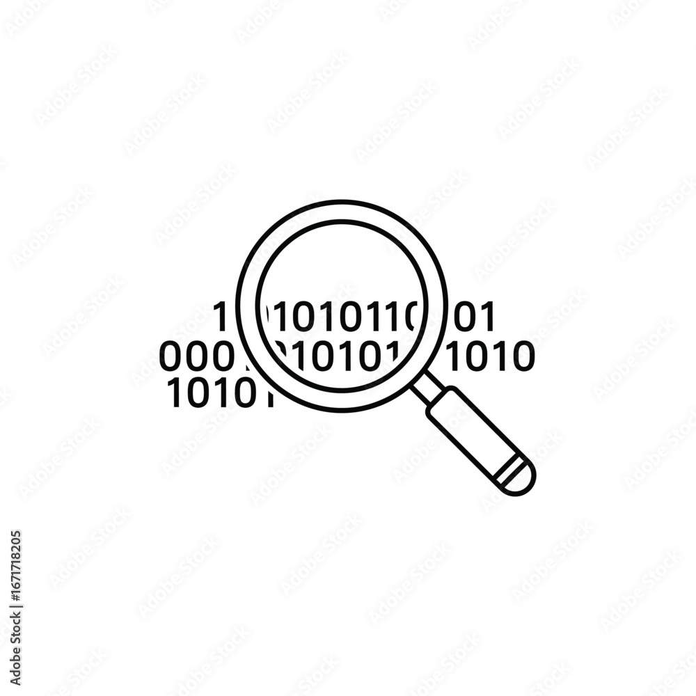 Poster binary code search icon, depicting data analysis, cybersecurity research, and digital information se