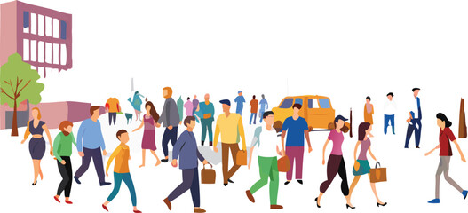 Vector illustration of diverse people walking in a bustling city environment.