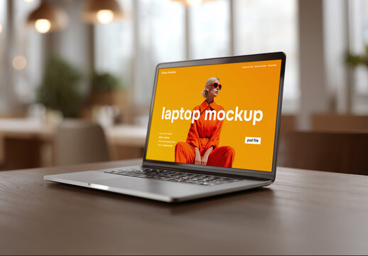 Laptop mockup in a restaurant or bar. Concept of remote desktop