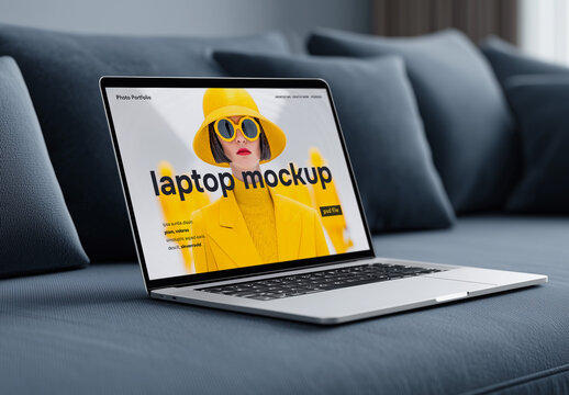 Laptop mockup in home interior on sofa