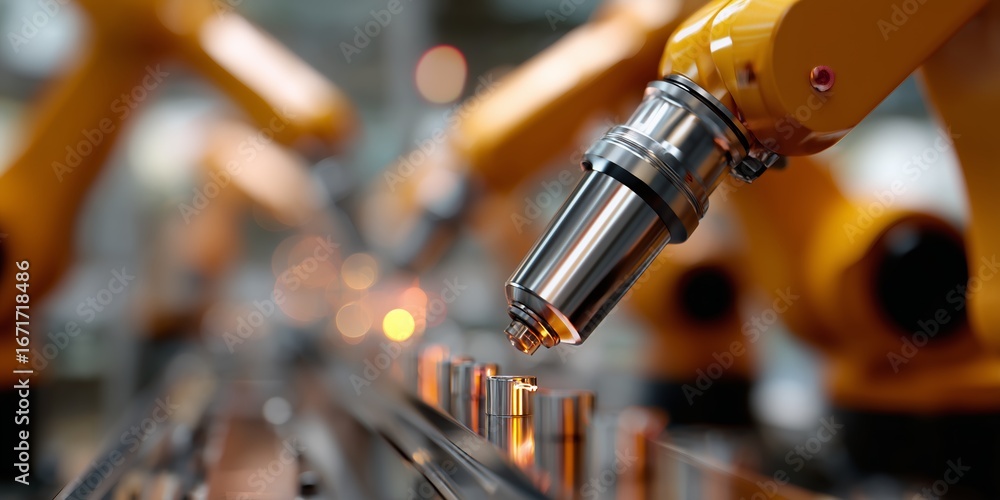 Poster robotic arms in an industrial setting work on precision manufacturing tasks during daytime in a mode