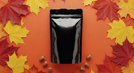 Glossy Black Pouch Surrounded by Vibrant Autumn Maple Leaves on Orange Background.