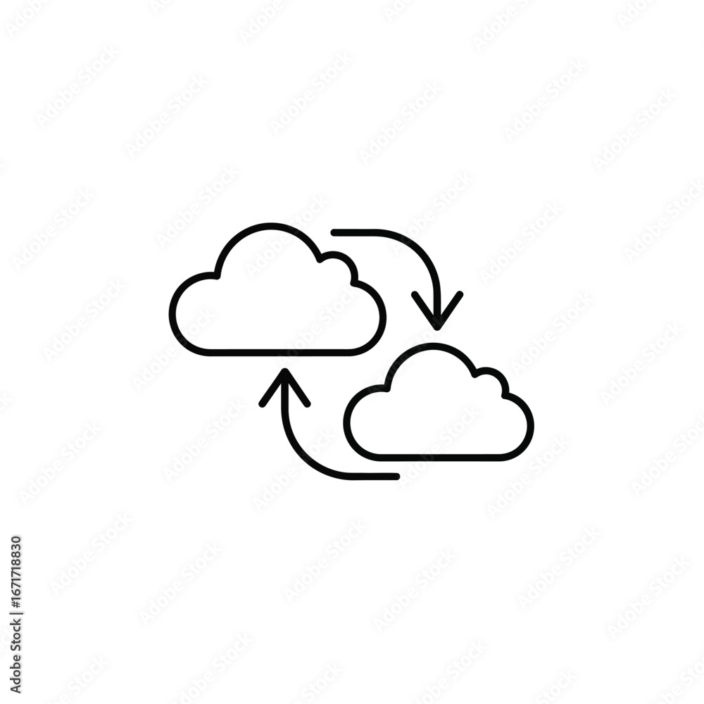 Fototapete line art illustration of two clouds with circular arrows, representing cloud computing and data sync