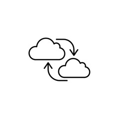 Line art illustration of two clouds with circular arrows, representing cloud computing and data synchronization