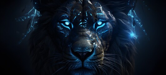 The black background contrasts sharply with the bright blue diamonds light emitted by the lion,generative AI