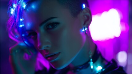 Young woman with colorful lights in her hair poses in vibrant urban nightlife setting