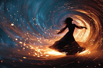 Silhouette of a ‘cosmic dancer’ (divine masculine archetype) surrounded by swirling fire and stars, dynamic motion blur, photorealistic, dark space background