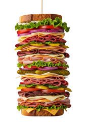 Comically tall Dagwood sandwich with diverse fillings and artisan bread, held by skewer, isolated on transparent, eye-level, photorealistic, humorous food art concept