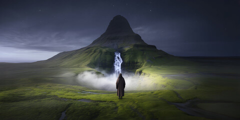 Lone figure illuminates majestic waterfall and mountain at night