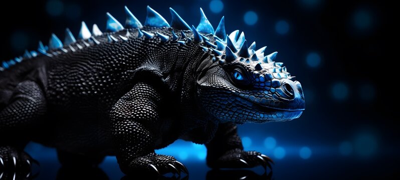 The black background contrasts sharply with the bright blue diamonds light emitted by Ankylosaurus,generative AI
