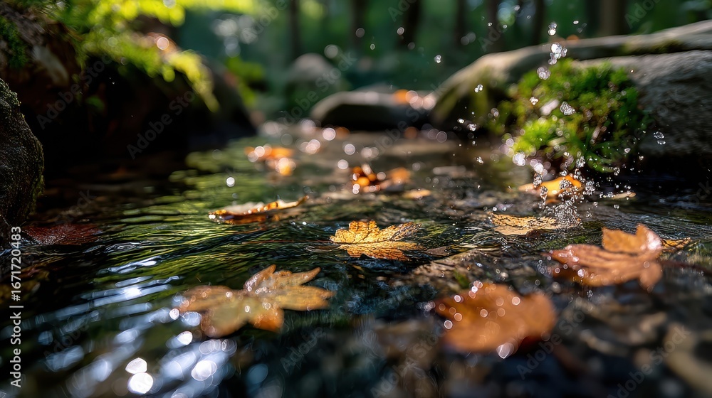Poster a serene stream flows through a forest, adorned with autumn leaves, capturing the tranquility of nat