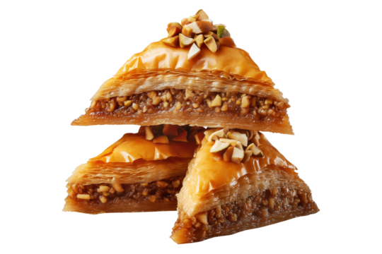 Traditional Turkish baklava filled with pistachios and syrup, cut square triangle isolated on white transparent background, symbolizing sweet cuisine