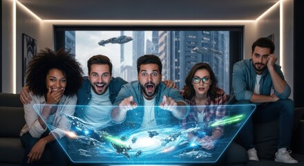 Enthusiastic group of friends immersed in an immersive gaming experience at home