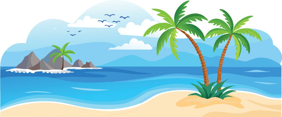 Vector illustration of a tropical beach featuring palm trees and a serene sea under a clear blue sky.
