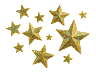 Holographic gold confetti stars with shimmering surface