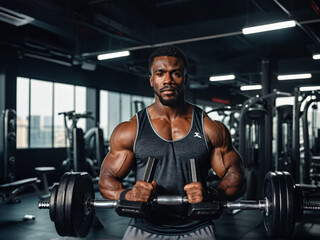 African athlete with detailed facial expression training with dumbbells in gym