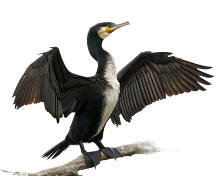 Majestic Great Cormorant Drying its Wings Perched on a Branch against a Dark Background Wildlife Photography Featuring a Regal Bird Drying Plumage after Fishing Expedition Displaying Full Wingspan