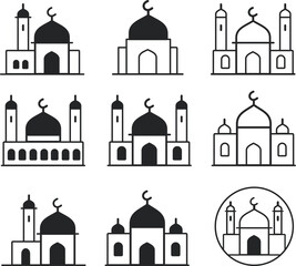 Mosque icon vector. mosque icon set. mosque vector icon flat design. Muslim mosque flat icons. Thin linear small mosques outline icons religion. 