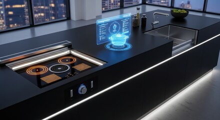 Futuristic kitchen showcasing augmented reality interface for cooking and home automation system