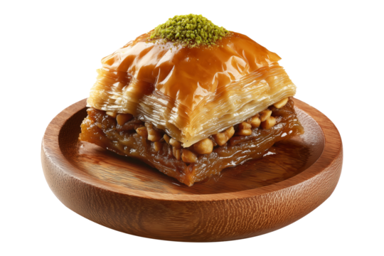 Traditional Turkish baklava filled with pistachios and syrup, cut square triangle isolated on white transparent background, symbolizing sweet cuisine