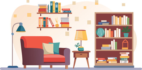 Inviting living room with a bookshelf, a plush chair, and a warm lamp illuminating the space. © Rizky