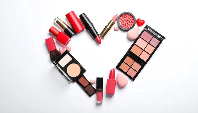 Makeup products arranged in a heart shape on a white background (1)