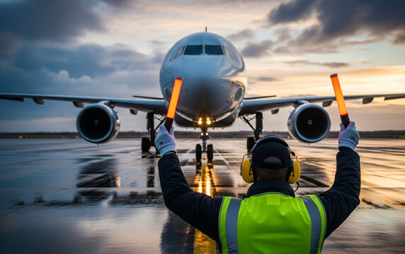 Marshalling process ensures aircraft parks safely in correct position.