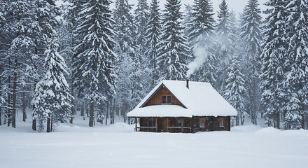 Cozy Wooden Cabin Nestled in a Pristine, Snow-Covered Winter Forest. Smoke Gently Rising from the Chimney, Surrounded by Tall Pine Trees Laden with Fresh Snow.