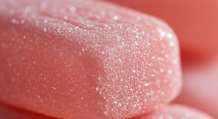 Fototapeta premium Closeup of pink candy reveals sugary texture under bright light, creating a sweet and tempting treat with a focus on detail and vibrant color.