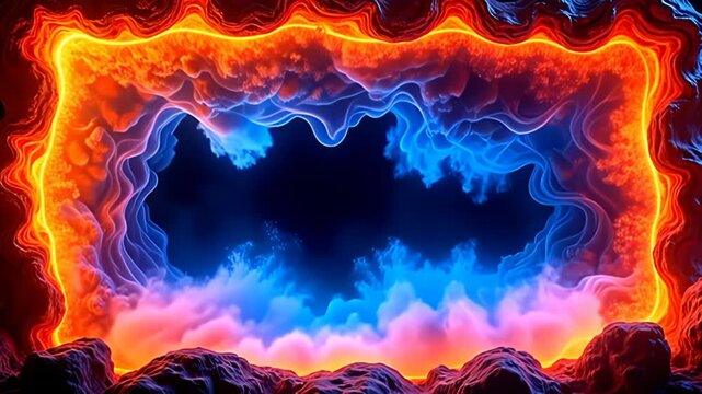 A breathtaking display emerges with a Fiery plasma Border Frame radiating heatwaves, encapsulating a swirling realm of color and light that ebbs and flows like the tides, all set against an