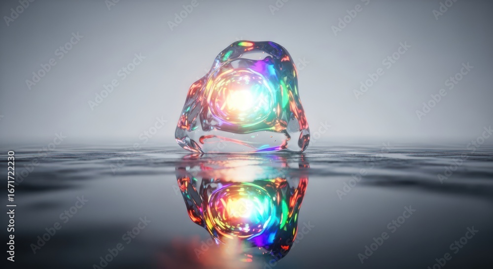 Poster iridescent crystal formation with an internal luminous source reflected on a glossy surface