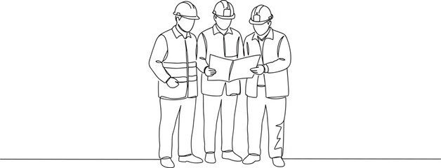 Engineers teamwork line drawing, construction workers planning, blueprint discussion, safety helmet sketch, project site vector, architecture design illustration, technical coordination artwork