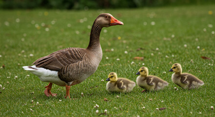 Obraz premium A goose walking on a green grass field with three small goslings following behind it