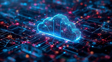 Futuristic cloud computing concept with interconnected data streams and digital devices in a vibrant, tech-inspired landscape.
